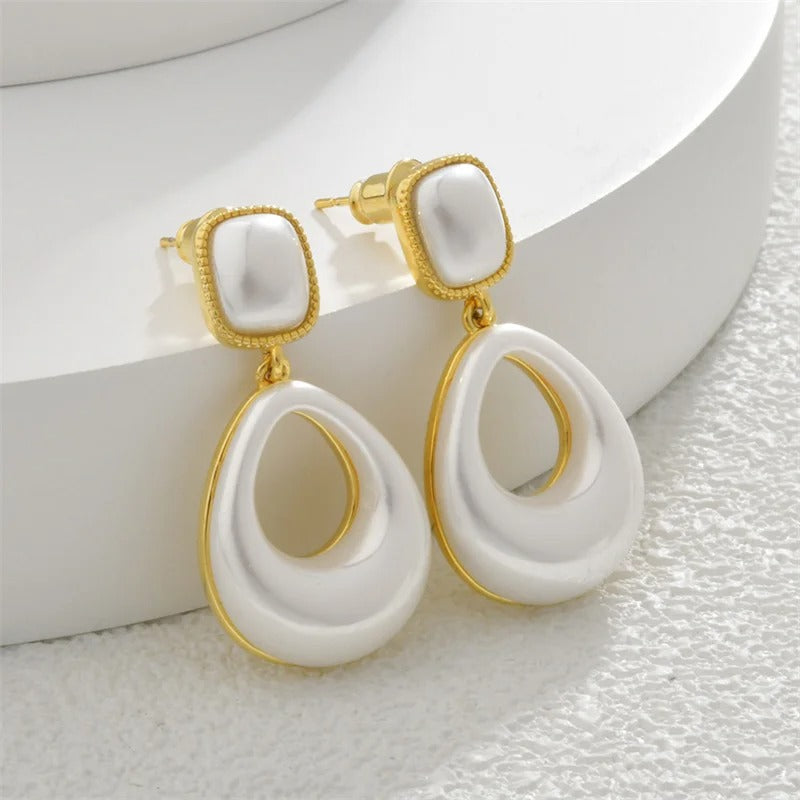Vintage Gold & White Teardrop Square Stud Earrings-Lydieannejewelry