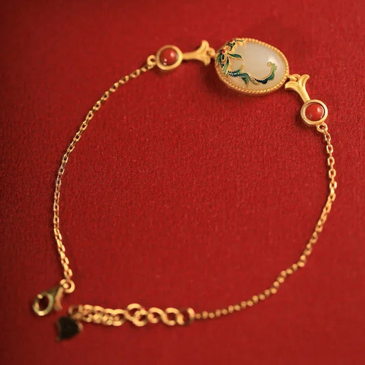 Vintage Gold Green & Red Coral Gem Floral Bracelet-Lydieannejewelry