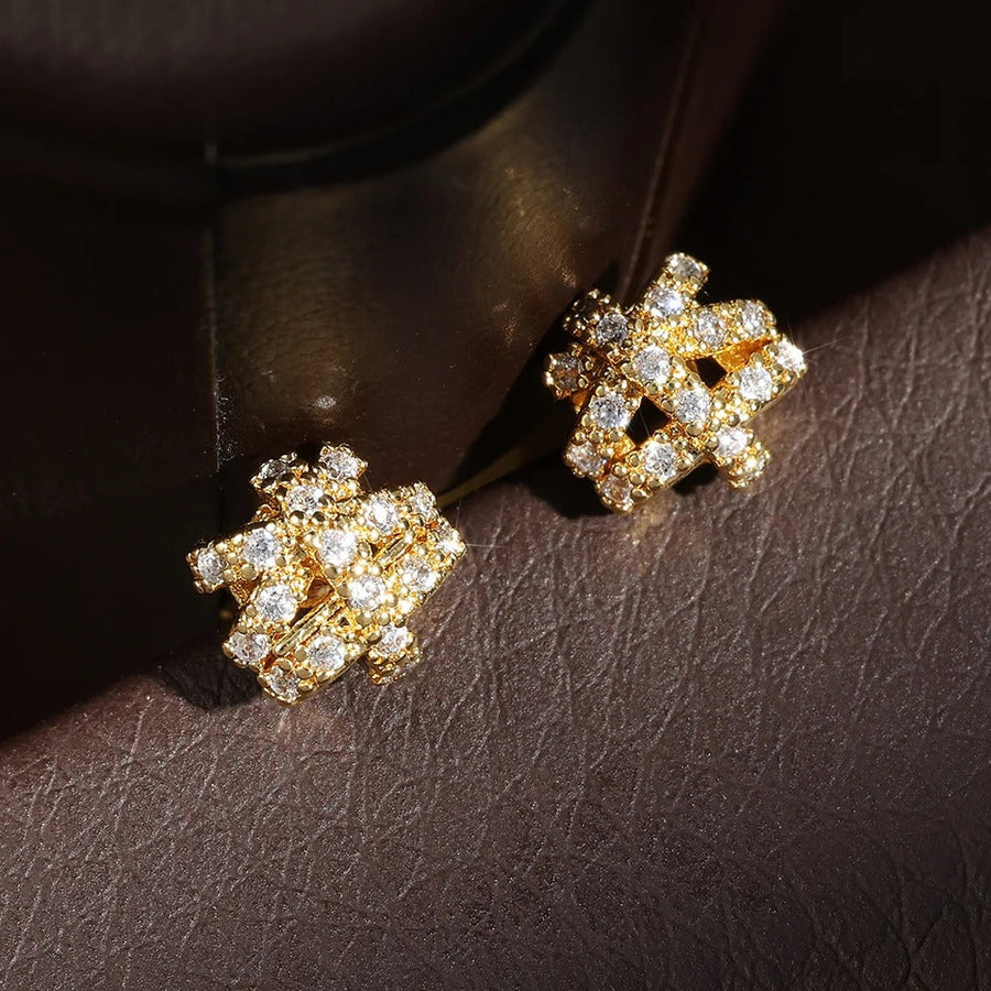 Vintage Geometric Crystal Gold Stud Earrings-Lydieannejewelry