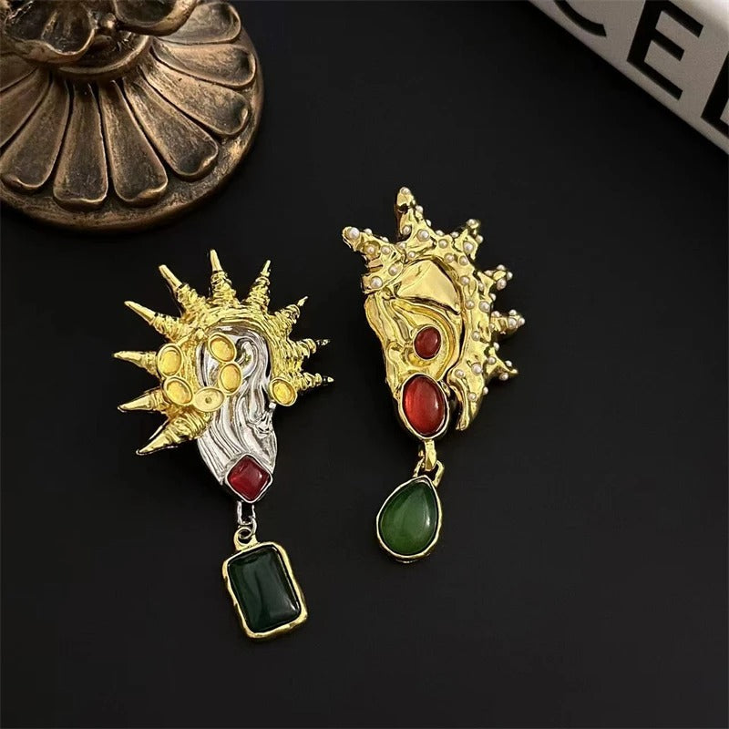 Vintage Gold & Silver Spiked Shell Colored Accent Stone Earrings-Lydieannejewelry