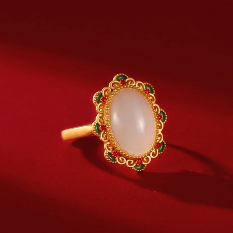 Classic Gold Oval White Gemstone & Floral Accent Adjustable Ring-Lydieannejewelry
