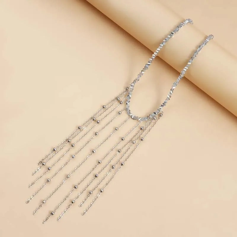 Silver Fringe & Beaded Chain Drops Necklace-Lydieannejewelry