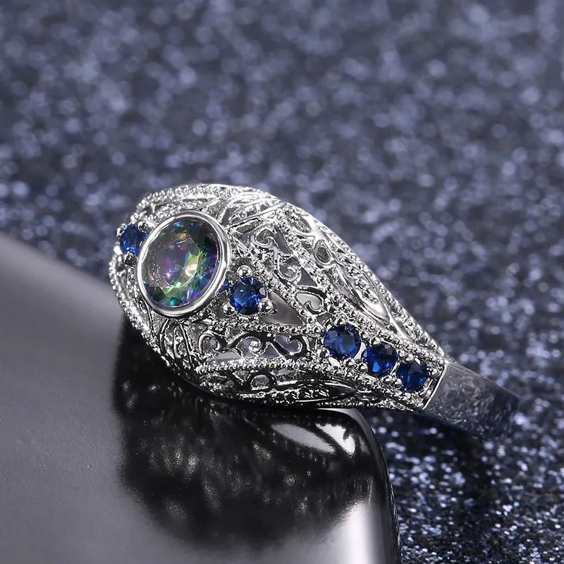 Vintage Silver & Blue Crystal Ring-Lydieannejewelry