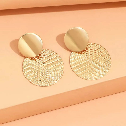 Bohemian Gold Textured Circle Pendant Earrings-Lydieannejewelry