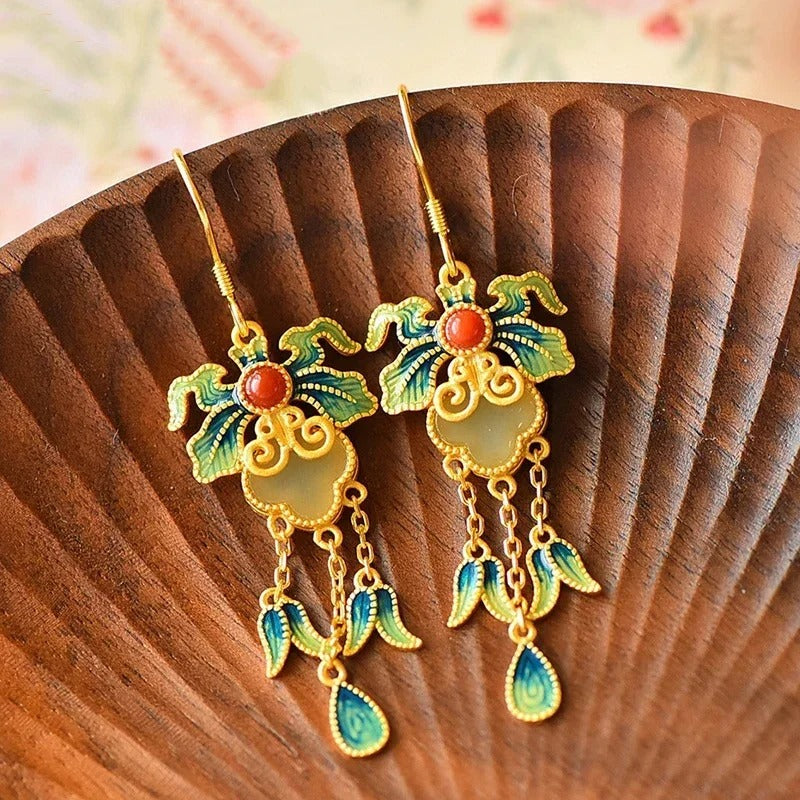 Vintage Gold White Jade Enamel Porcelain Tassel Earrings-Lydieannejewelry