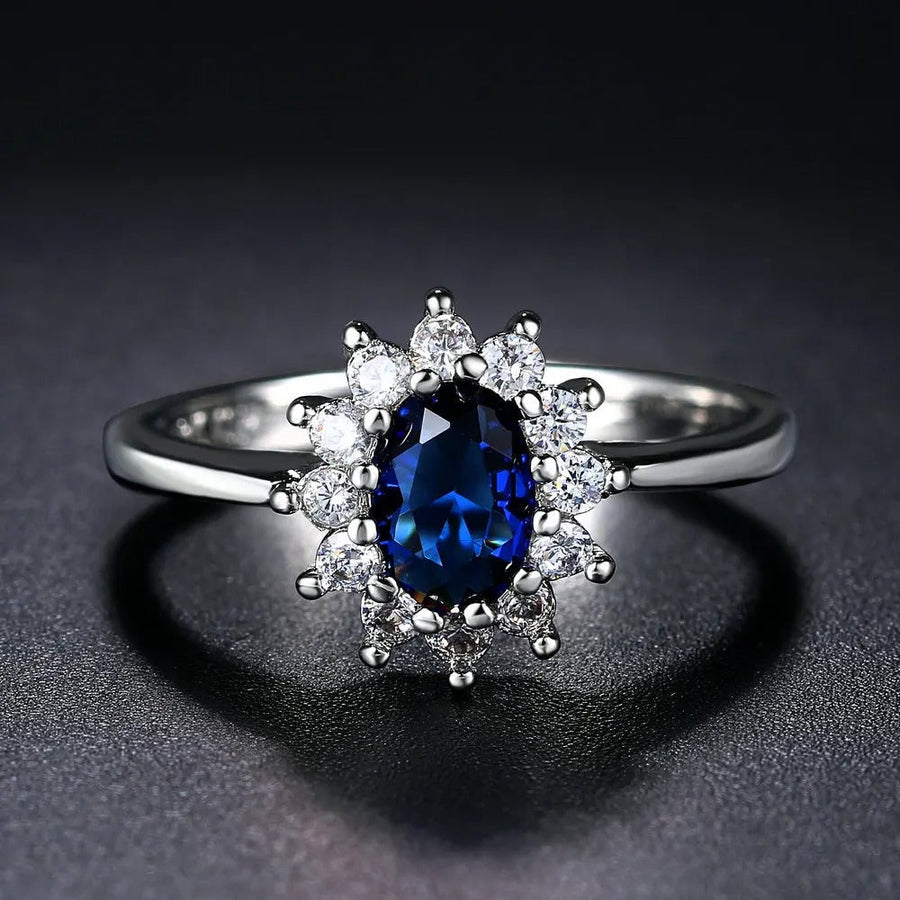 Silver Oval Blue Center Gemstone Halo Ring-Lydieannejewelry