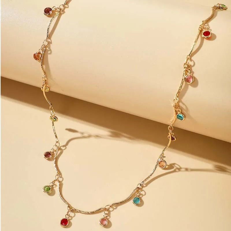 Gold Vibrant Colored Stones & Twisted Chain Necklace-Lydieannejewelry