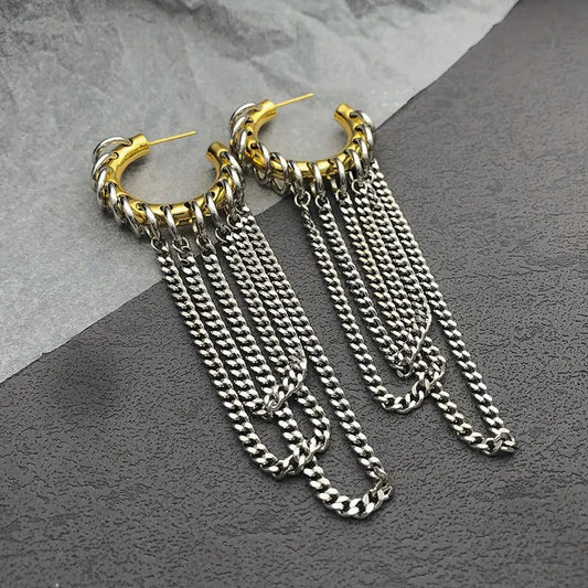 Gold & Silver Chain Drop Hoop Earrings-Lydieannejewelry
