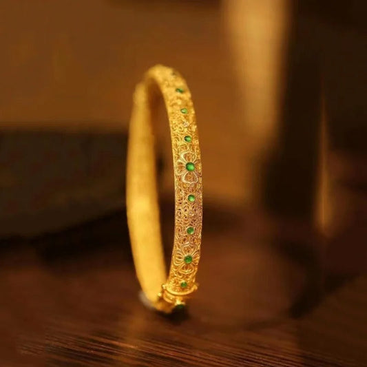 Ethnic Style Gold Green Gemstone & Floral Pattern Bangle Bracelet-Lydieannejewelry