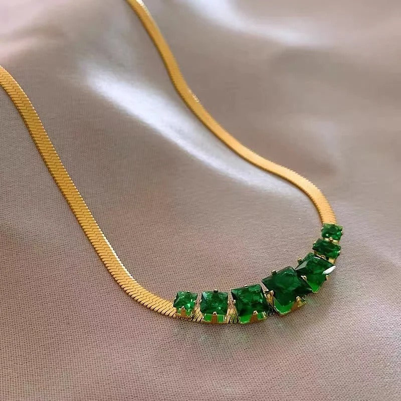 Vintage Gold Green Gemstone Statement Necklace-Lydieannejewelry