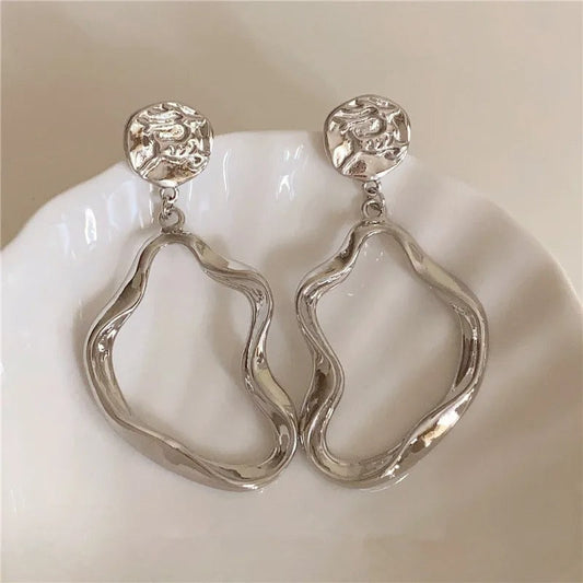 Silver Contemporary Wave Circle Drop Earrings-Lydieannejewelry