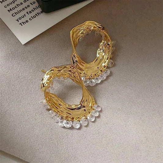Classic Gold Crystal Drop & Sculpted Wave Earrings-Lydieannejewelry