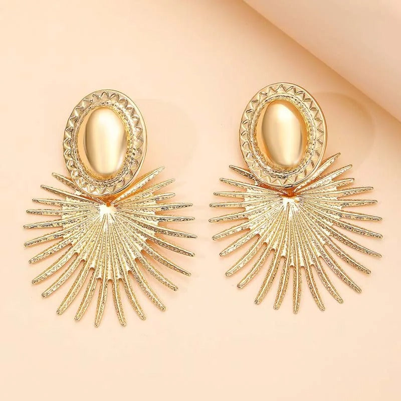 Gold Oval & Flared Sunburst Design Earrings-Lydieannejewelry