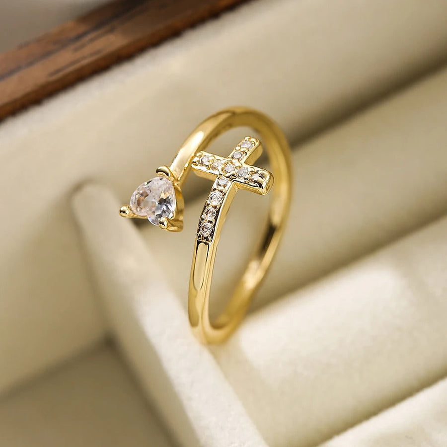 Gold Sparkling Heart Cross Resizable Ring-Lydieannejewelry