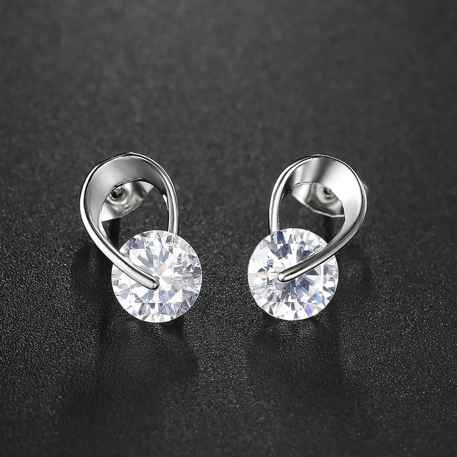 Classic Silver Sparkling Clear Gemstone Curved Earrings-Lydieannejewelry