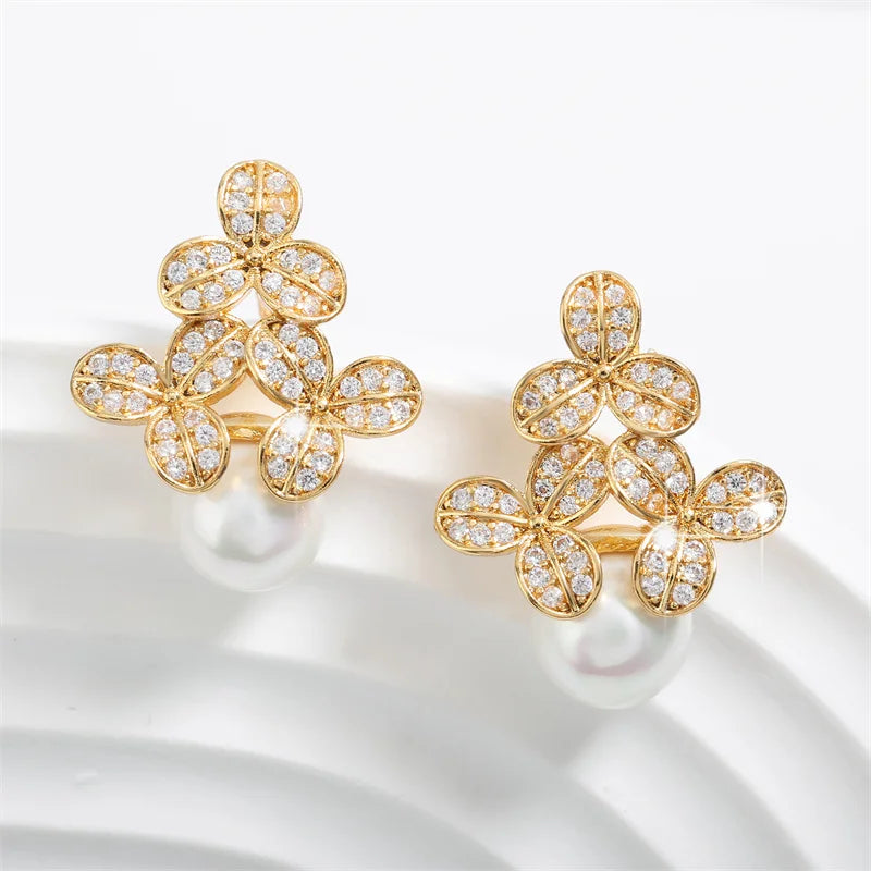 Gold Vintage Floral Pearl Drop Earrings-Lydieannejewelry