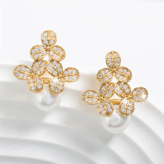 Gold Vintage Floral Pearl Drop Earrings-Lydieannejewelry