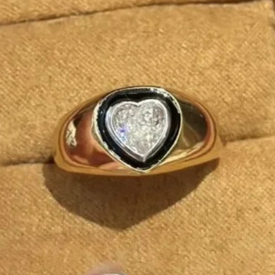 Retro Gold & Heart-Cut Diamond Black Enamel Adjustable Ring-Lydieannejewelry