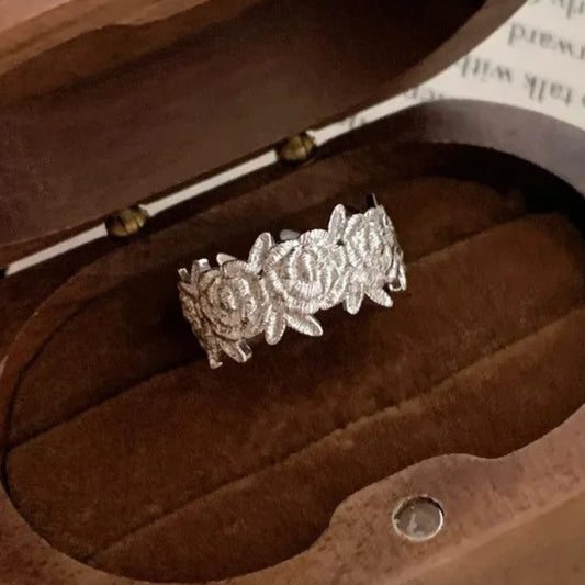 Classic Silver Rose Pattern Band Adjustable Ring-Lydieannejewelry