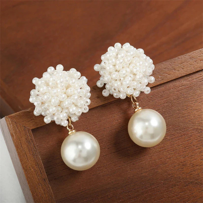 Gold Pearl Beaded Dangle Earrings-Lydieannejewelry