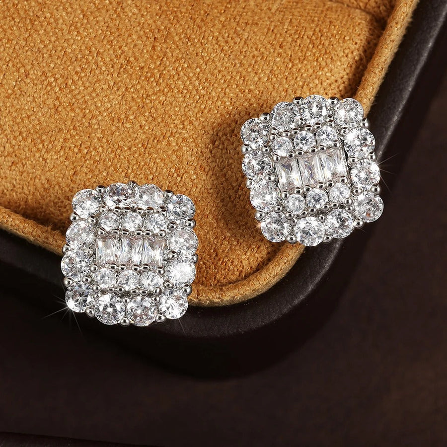 Vintage Square Crystal Silver Stud Earrings-Lydieannejewelry
