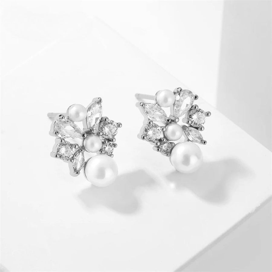 Silver Floral Pearl Stud Earrings-Lydieannejewelry
