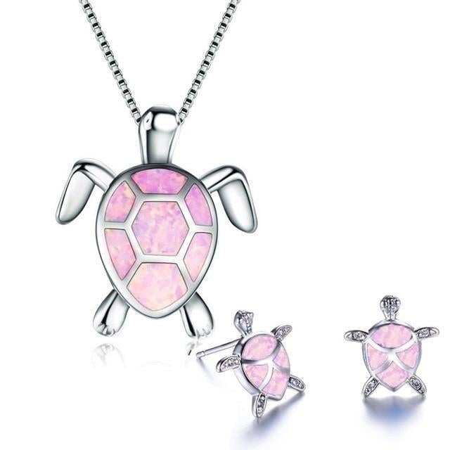 Sea Turtle Necklace + Earrings Set in Opal and Silver-Lydieannejewelry