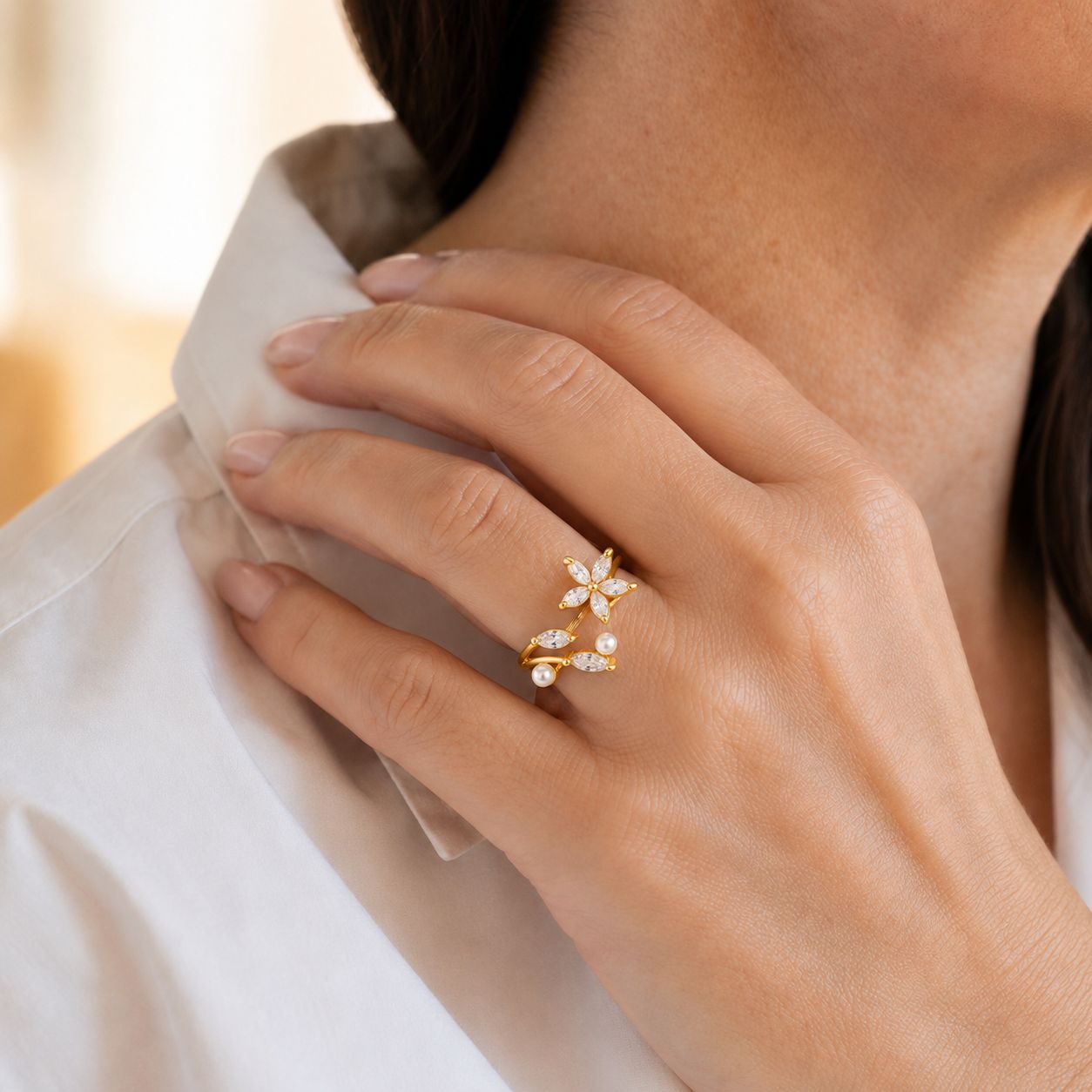 Crystal Flower Pearl Open Ring