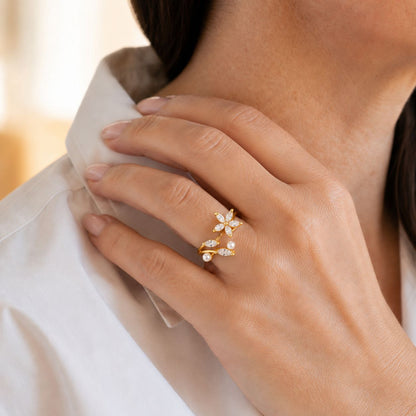Crystal Flower Pearl Open Ring