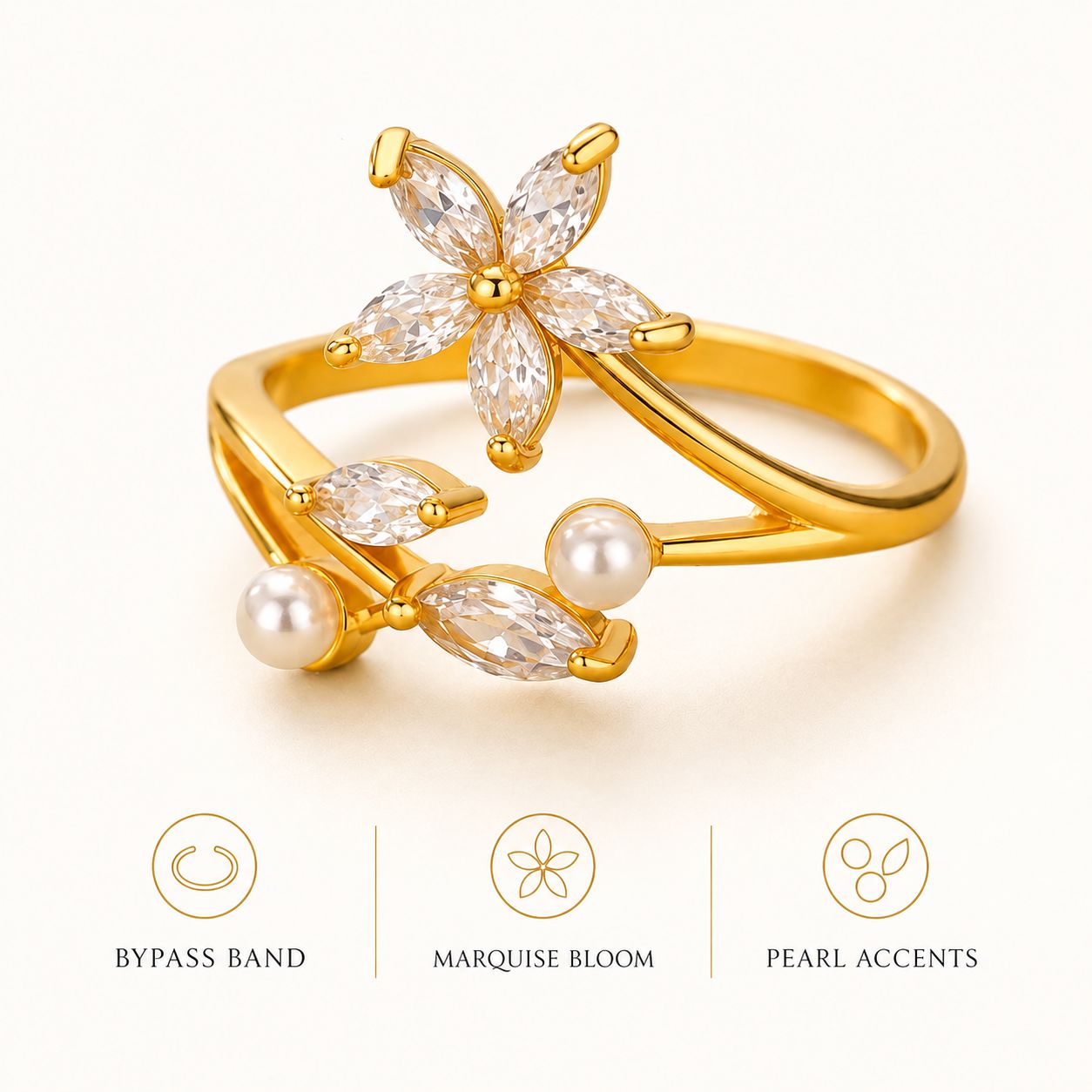 Crystal Flower Pearl Open Ring