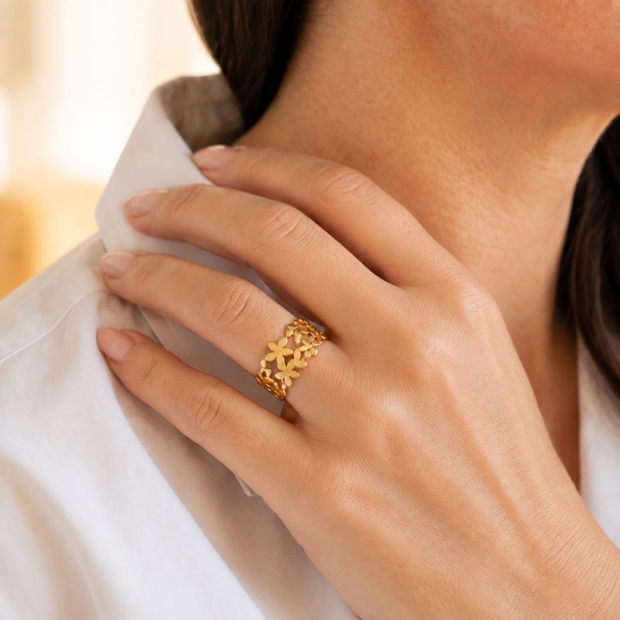 Openwork Floral Wide Band Ring