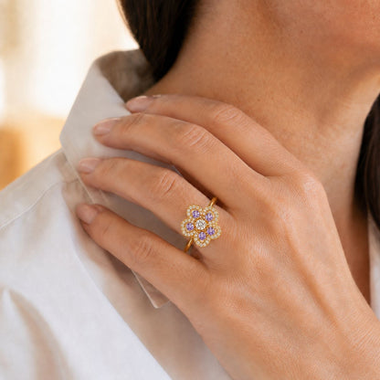 Purple Crystal Pavé Flower Ring