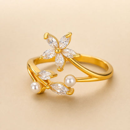 Crystal Flower Pearl Open Ring