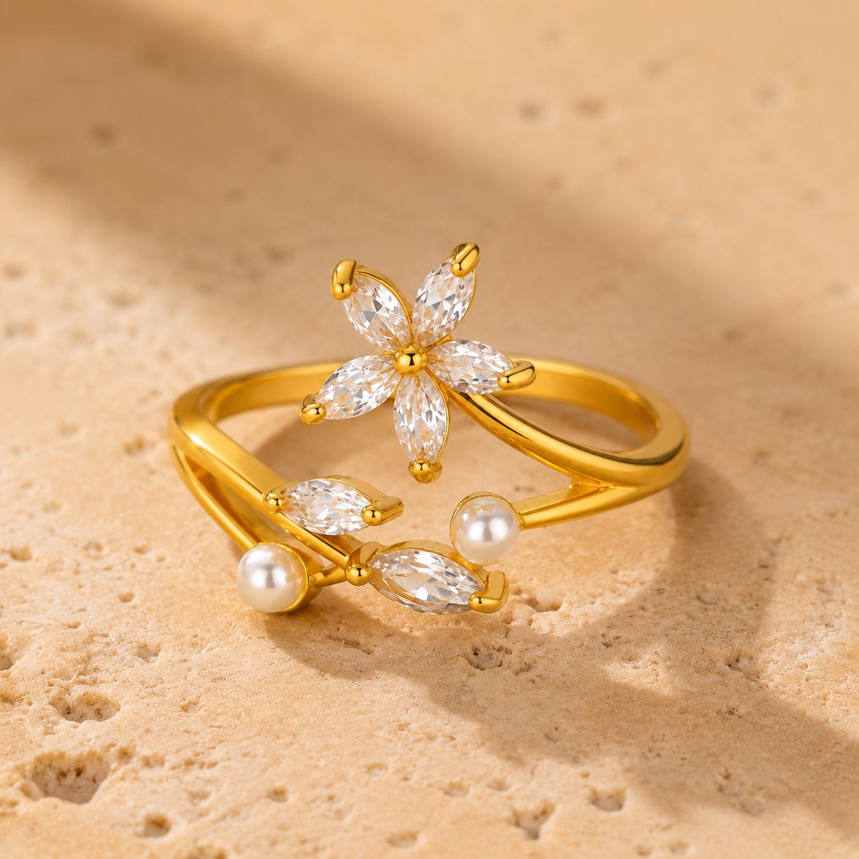 Crystal Flower Pearl Open Ring