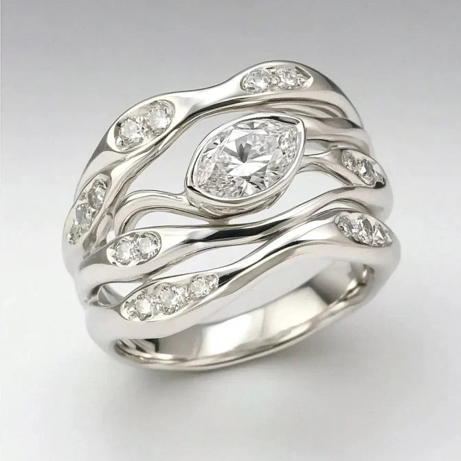 Vintage Layered Wavy Zirconia Silver Ring
